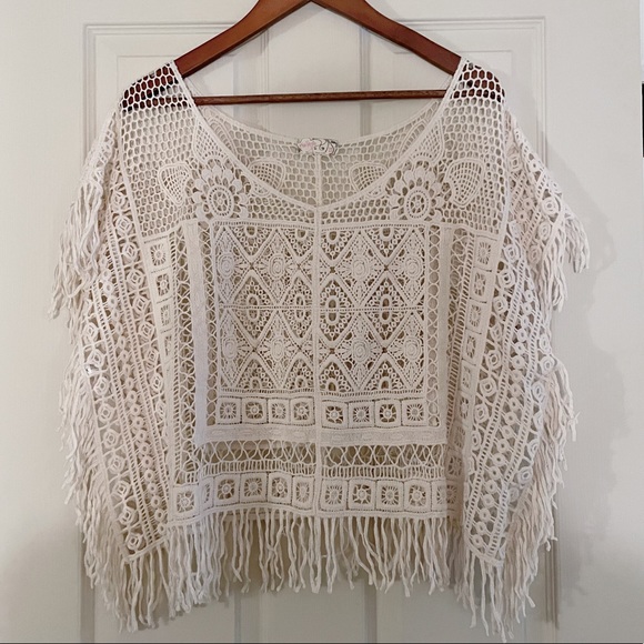 FREE PEOPLE Ivory Crochet Fringe Boho Swim Cover Up Top - Picture 2 of 6